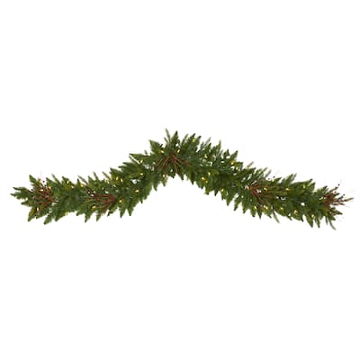 6' Christmas Pine Garland with 50 Warm White LED Lights and Berries