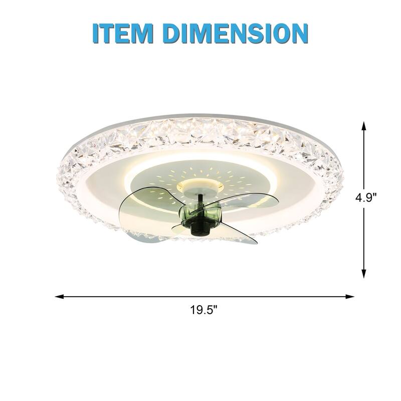20" Oaks Aura Glam Crystal Low Profile Ceiling Fan with Light, 6- Speed Flush Mount Ceiling Fan With Remote - White