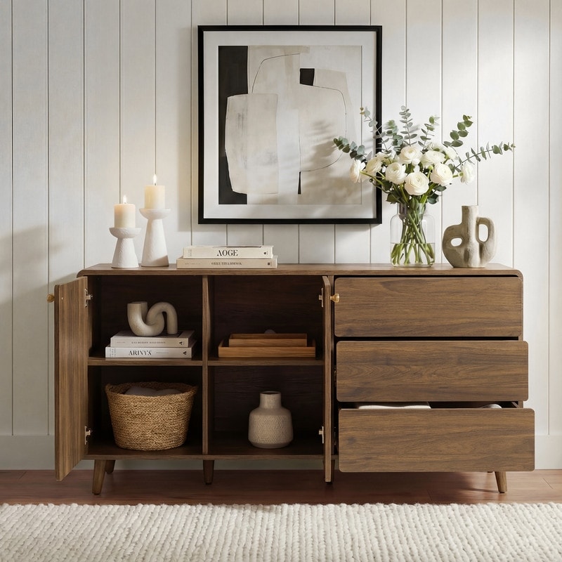 Spruce & Spring 58-Inch Curved Sideboard Buffet Cabinet with Drawers & Doors