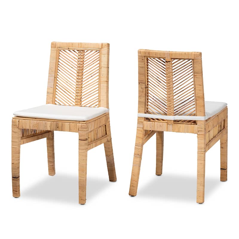 Suci Modern Bohemian Natural Brown Rattan 2-Piece Dining Chair Set - White, Natural Brown