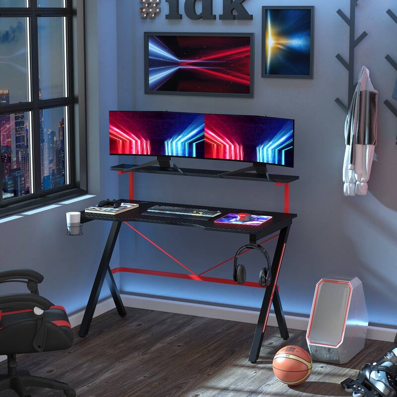 HOMCOM 47 Inch Gaming Desk Racing Computer Desk Home Office Workstation with Elevated Monitor Shelf Rotatable Cup Holder - Metal Finish - Black