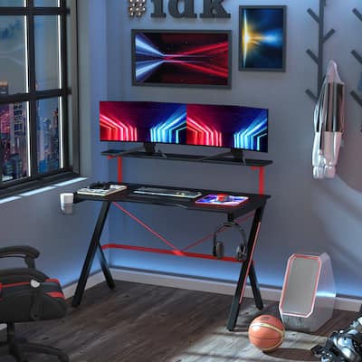HOMCOM 47 Inch Gaming Desk Racing Computer Desk Home Office Workstation with Elevated Monitor Shelf Rotatable Cup Holder