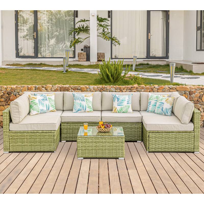 COSIEST 7-Piece Outdoor Patio Sectional Wicker Sofa With Coffee Table