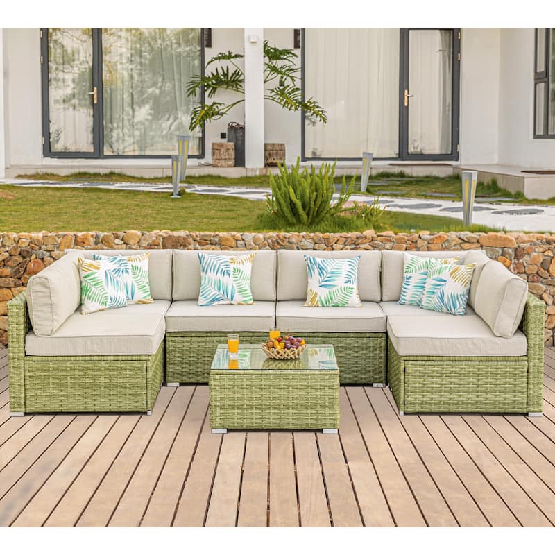 COSIEST 7-Piece Outdoor Patio Sectional Wicker Sofa With Coffee Table - LightOliveWicker+BeigeCushion
