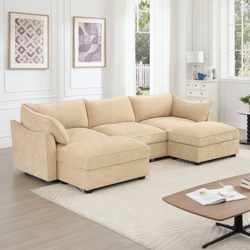 U-Shape 3-Deep Seater Sofa Couch with 2 Movable Storage Ottomans & Pull Out Drawers