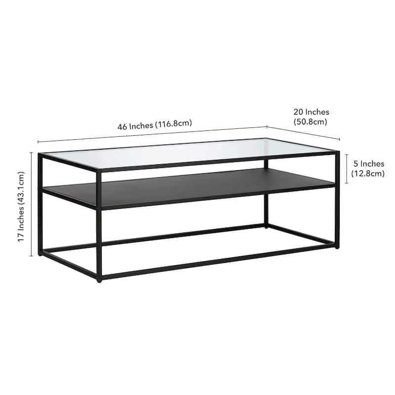 46 Inch Black Glass Coffee Table with Steel Base and Storage Shelf - 46” x 20” x 17”