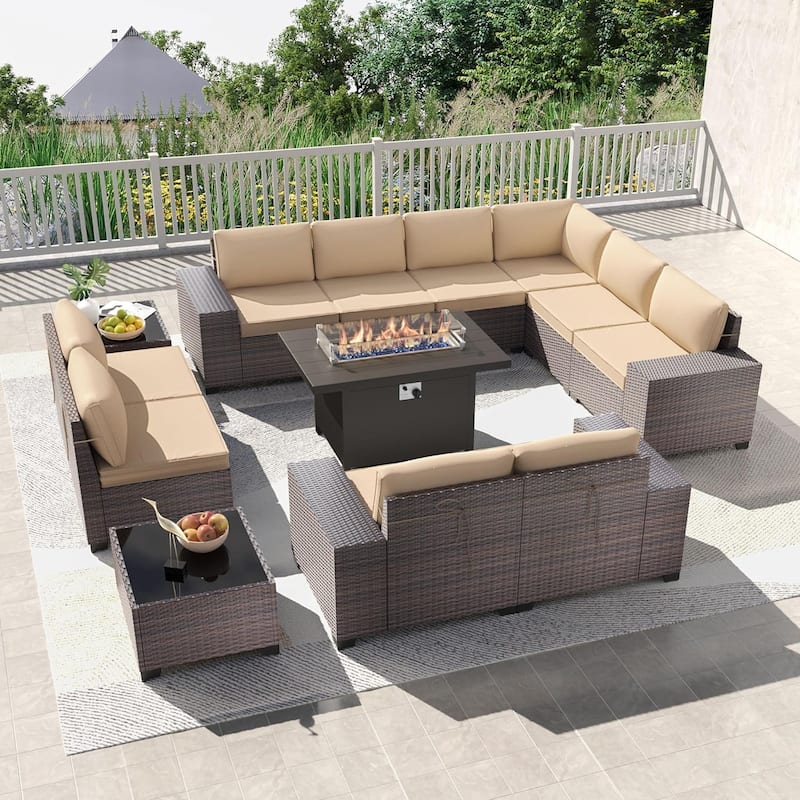 Delnavik 13 Pieces Outdoor Patio Furniture Set with Fire Pit Table w/ Wide Armrests - w/Metal Firepit - Khaki