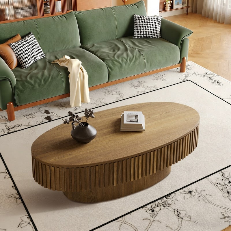Modern 47" Oval Coffee Table with Storage Solid Wood Veneer for Living Room and Bedroom Decor