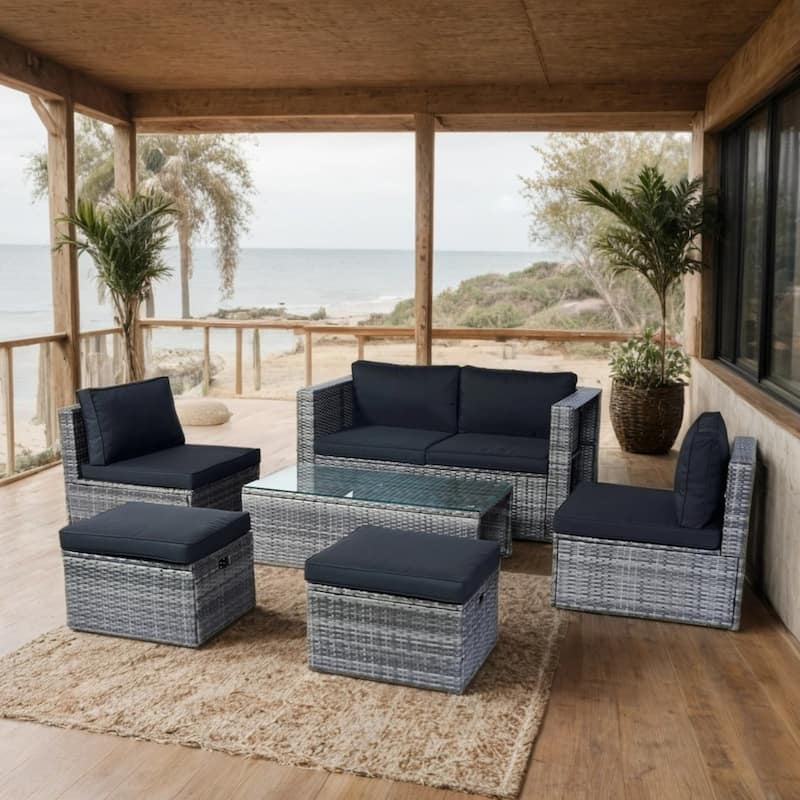 6 Piece Patio Wicker Sectional Set Patio Backyard Conversation Set Space Saving Grey Wicker + Black Cushion - Grey+Black