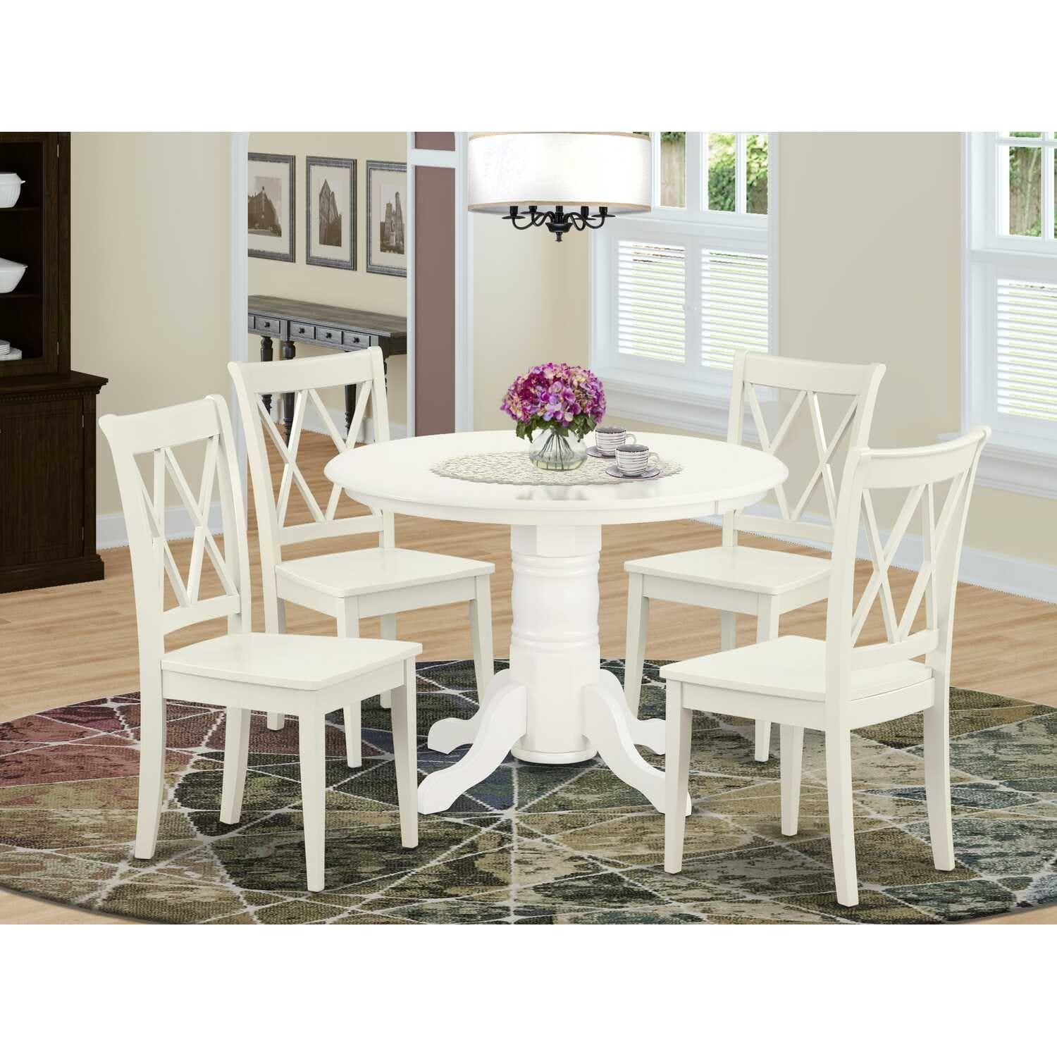 Dining Table Set for 4 - 5 Piece Round Kitchen Table with Chairs - Old World Charm - 42 Inch - Linen White