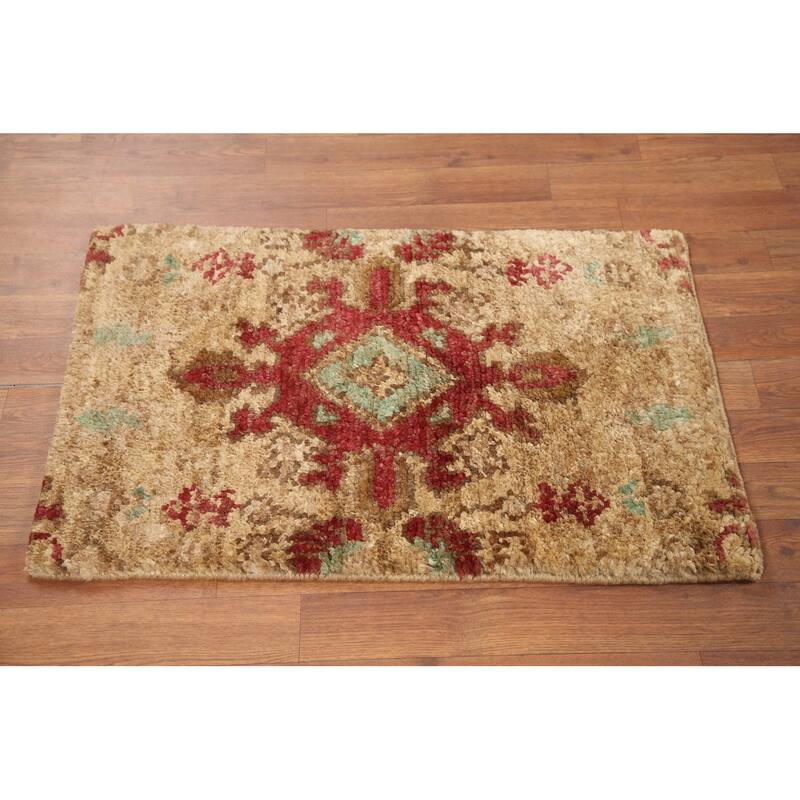 Hand Knotted Oriental Jute Carpet Modern Abstract Yellow & Gold Moroccan Area Rug - 3' 0'' X 2' 0''