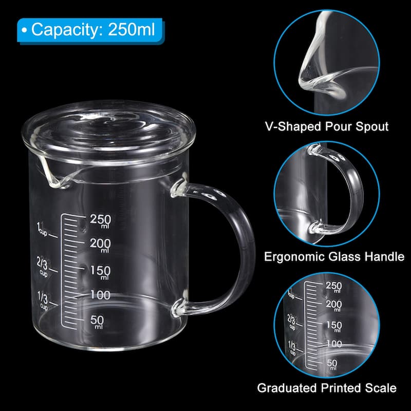 250ml Glass Measuring Cup, 3.3 Borosilicate Glass White Printed with Glass Lid