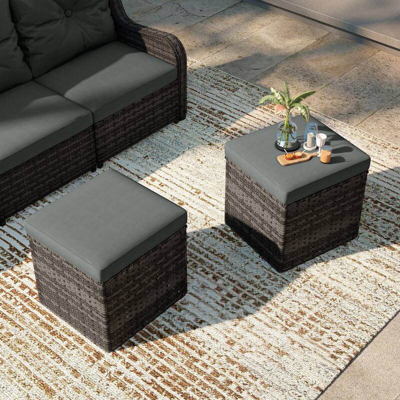Outdoor Wicker Square Storage Ottoman with Plush Cushion(Set of 2)