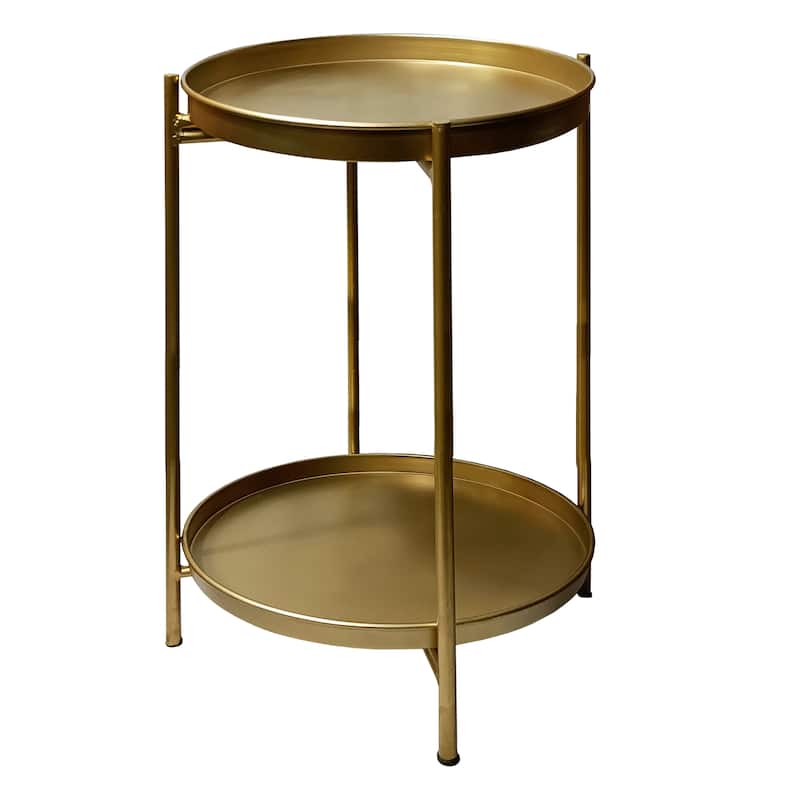 Vica 20 Inch High Round Side End Table with 2 Tier Iron Frame, Matte Gold - Gold - Iron
