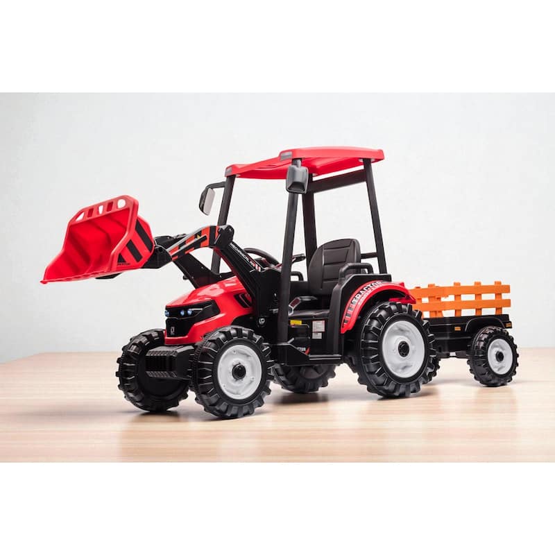 24V Kids Ride On Tractor with Remote Control, Electric Pedal Car with Trailer, Working Loader & Backhoe Digger