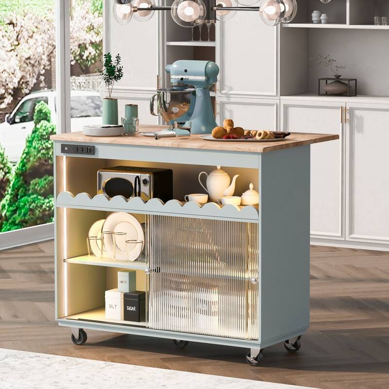 44 in. Rubber Wood Drop-Leaf Countertop Kitchen Island on 5 Wheels with Open Shelf and Wine Rack - Grey Blue