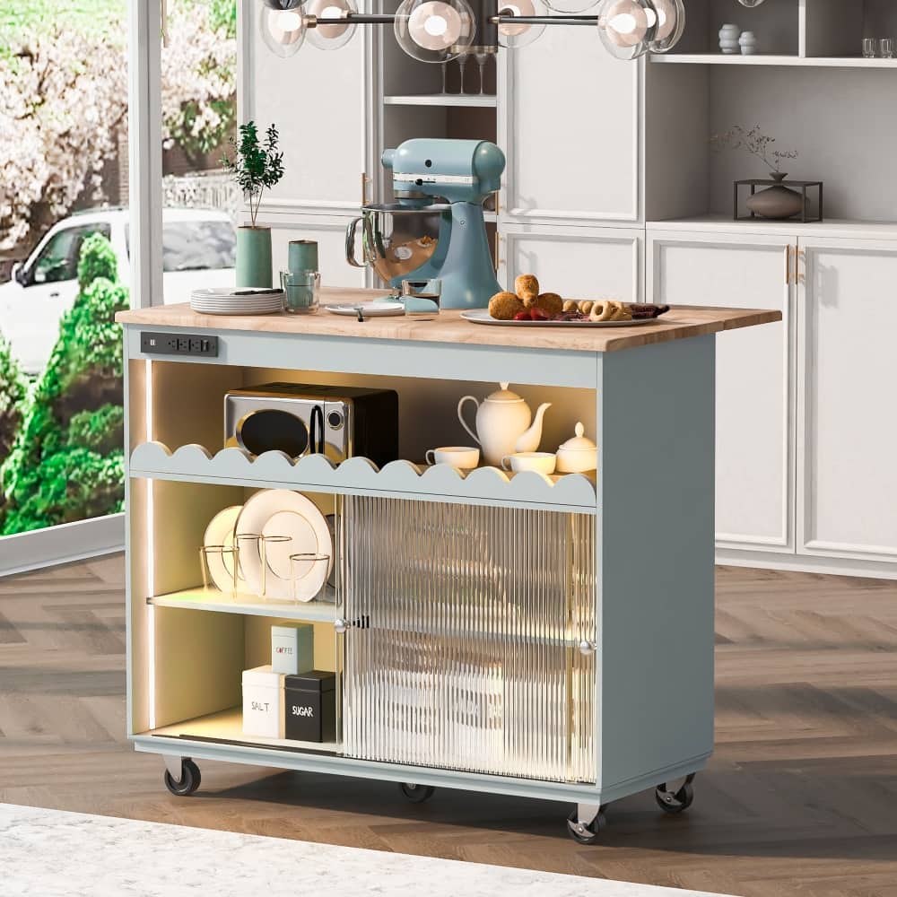 LED Light Kitchen Island on Wheels with Drop Leaf and Power Outlets