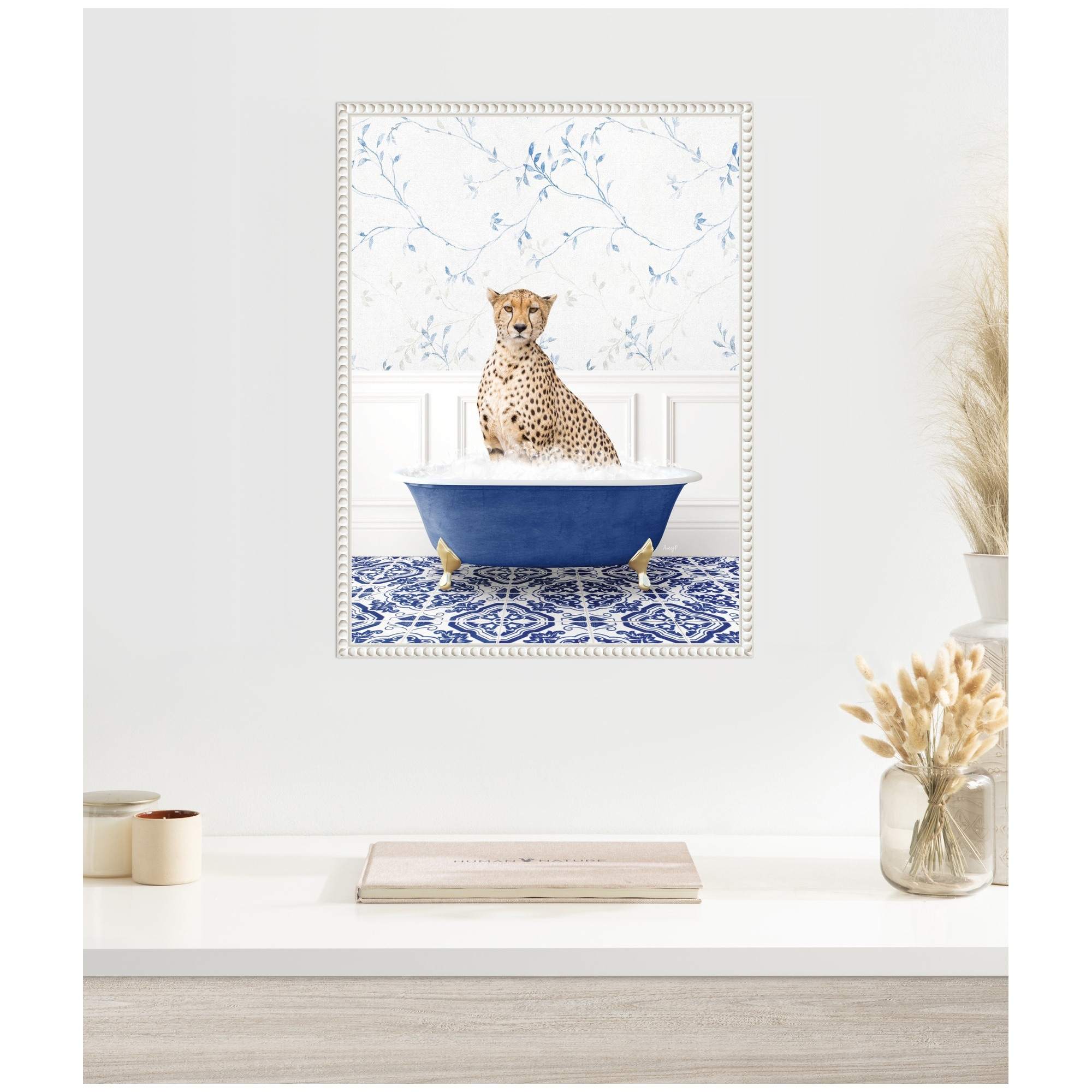 Kate and Laurel Sylvie Cheetah in Eclectic Blue Bath Framed Canvas by Amy Peterson