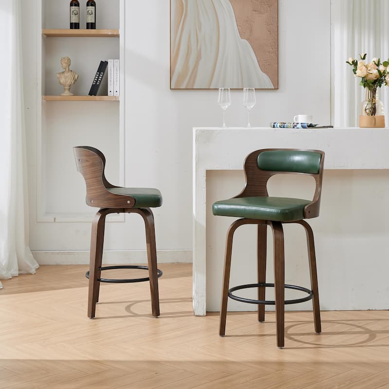 SEYNAR PU Leather 360 Degree Swivel Open Back Bar Stools Wood Legs Set of 2