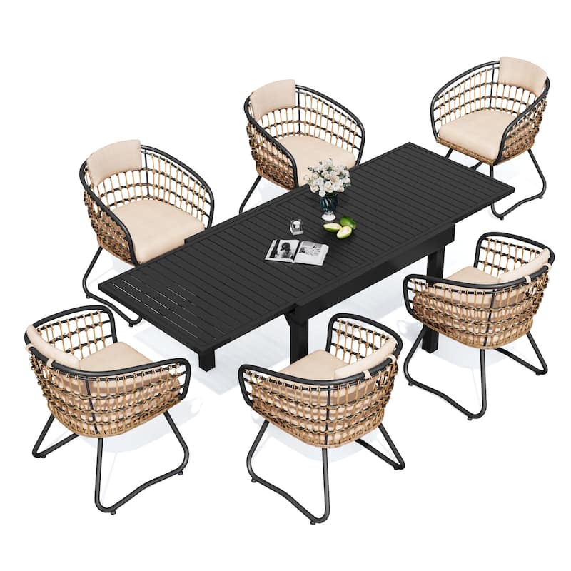 7/9PC Outdoor Aluminum Expandable Patio Dining Sets Extension Table with Rattan Chair