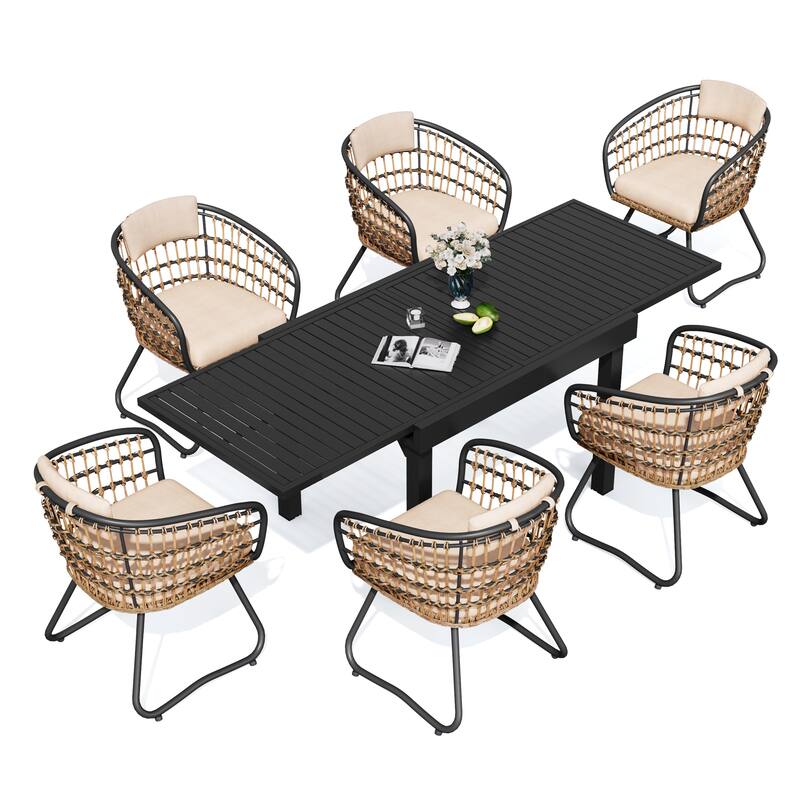 7PC Outdoor Set Aluminum Expandable Patio Dining Table with Rattan Chair