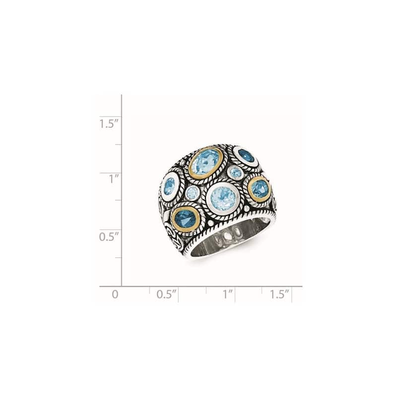 Curata 925 Sterling Silver 14k Gold Blue Topaz Wide Vintage Band Ring