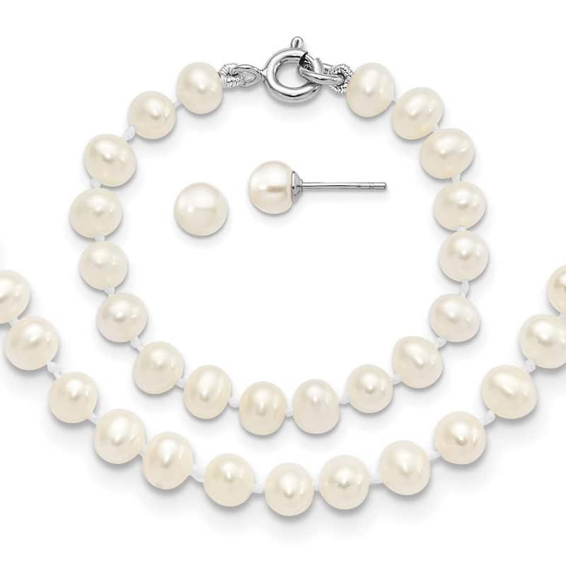 Curata 925 Sterling Silver 4-5mm Freshwater Cultured Pearl Neck Bracelet Earrings set