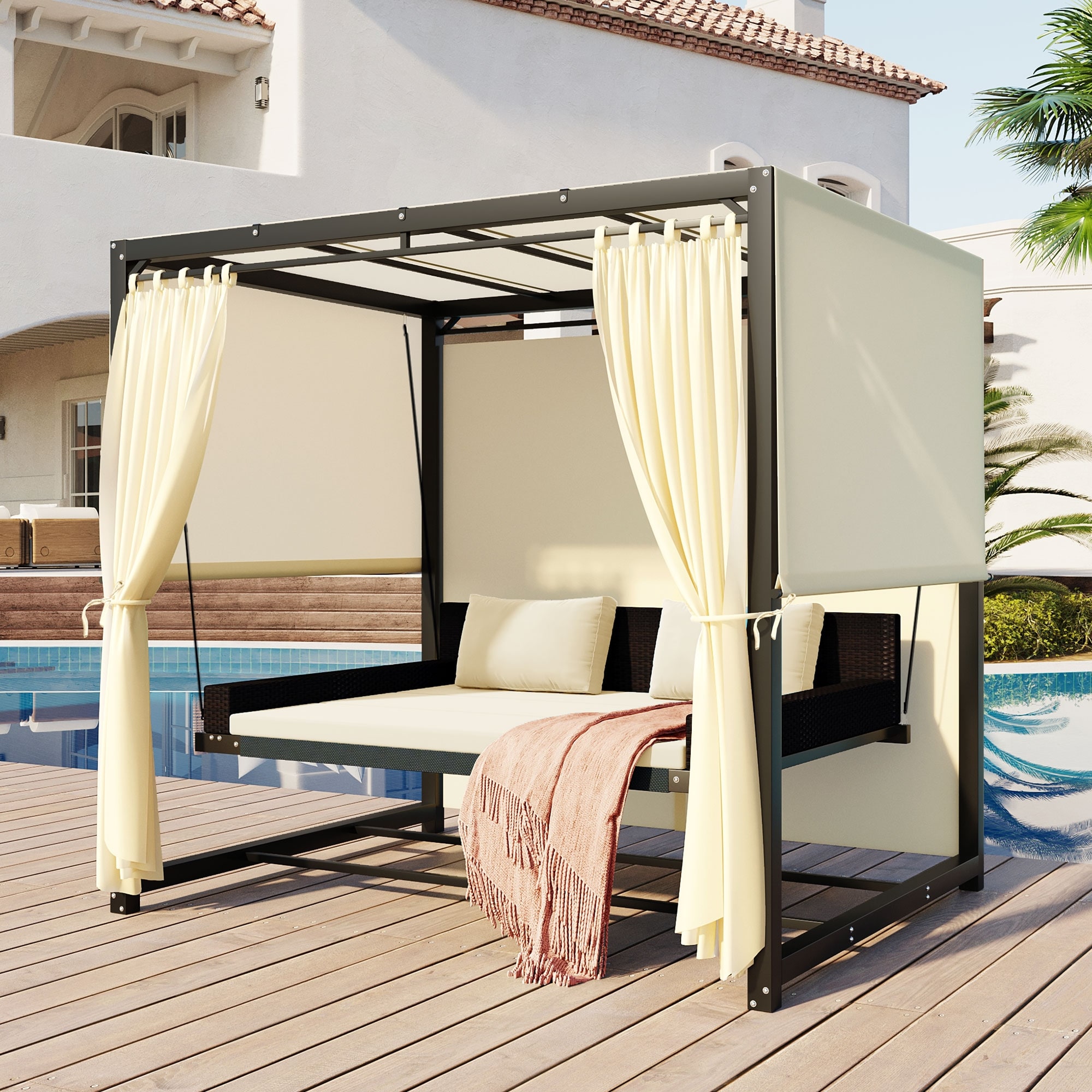 PE Rattan Outdoor Patio Furniture Set, Outdoor Swing Bed Sunbed - Main Image