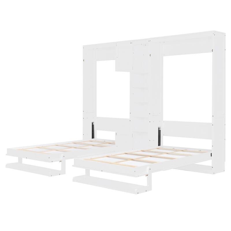 Dual Twin Wall Murphy Beds with Cabinets & Shelves, Space-Saving Bedroom Solution