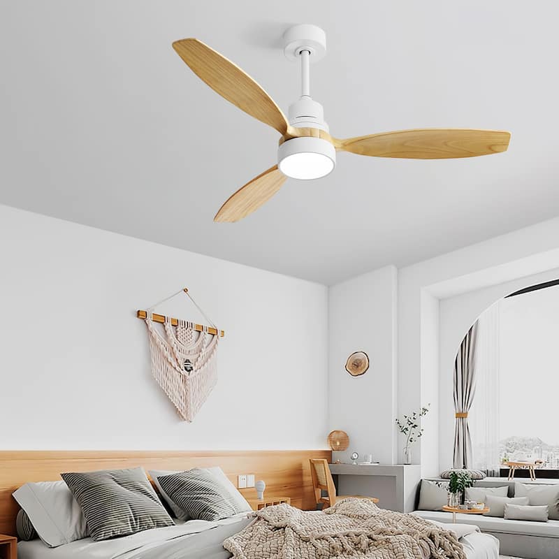 Modern Ceiling Fan Light with Adjustable Lighting and Remote Control, Wooden Blades for Bedroom and Lounge Area - White