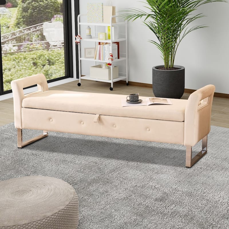 Modern style upholstered bench with hidden storage and upholstered armrests, metal legs for bedroom living room hallway entrance - Beige