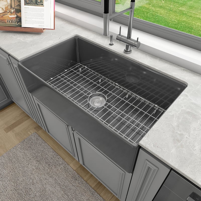 Sinber Farmhouse Apron Single Bowl Kitchen Sink with Fireclay White Finish