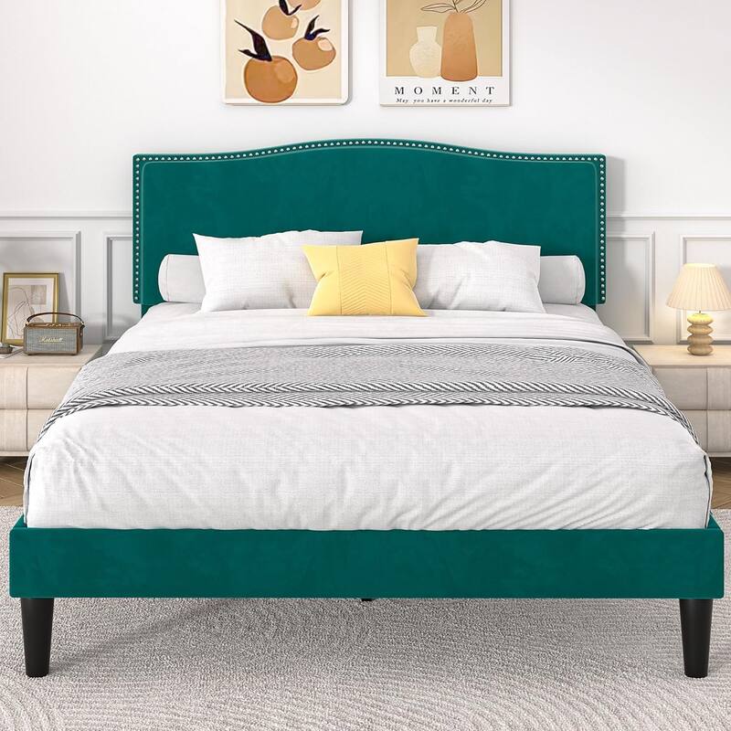 Javlergo Upholstered Platform Bed Frame with Adjustable Headboard, Strong Frame and Wooden Slats Support, Easy Assembly - Green - Queen
