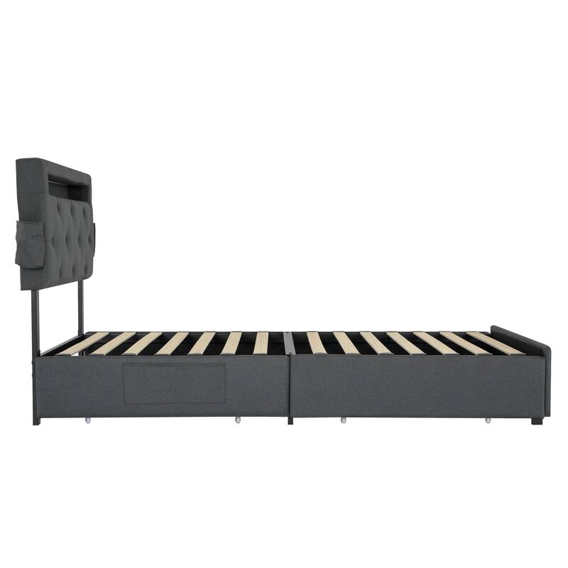 Dark Grey Twin Size Platform Bed with 4 Storage Drawers,USB Charging Station and LED Lights