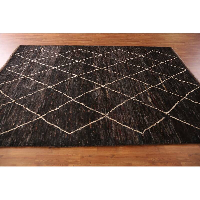 Geometric Black Moroccan Oriental Area Rug Handmade Wool Carpet - 6'11" x 9'9"