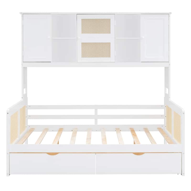 Full Size Daybed with All-in-One Cabinet Headboard, Space Saving Wooden Platform Bed Frame with 2 Storage Drowers and Shelfs