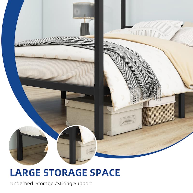 Moasis Black Canopy Bed Frame King, Four Poster Bed with Charge Station & Star-Shaped LED Light, 14 Inch Platform