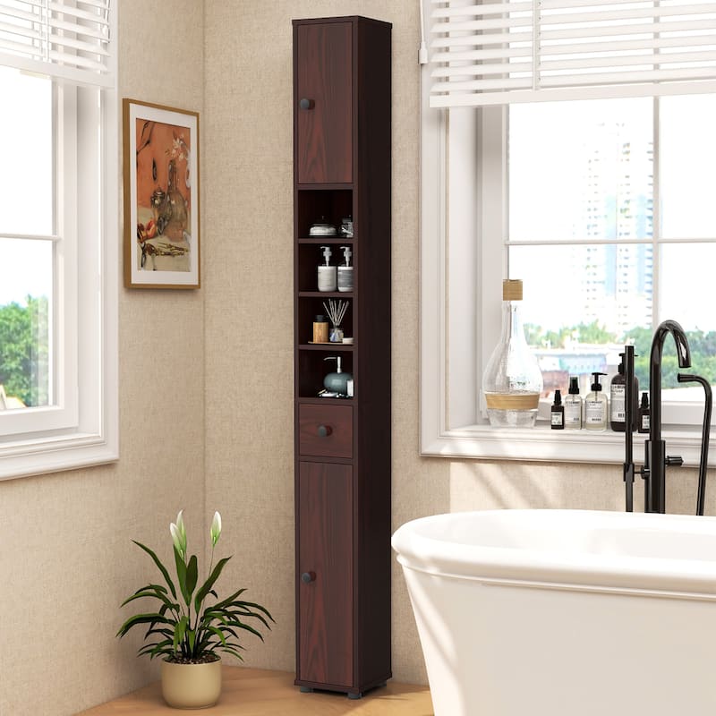 Gymax Tall Slim Bathroom Storage Cabinet Linen Tower w/Drawer