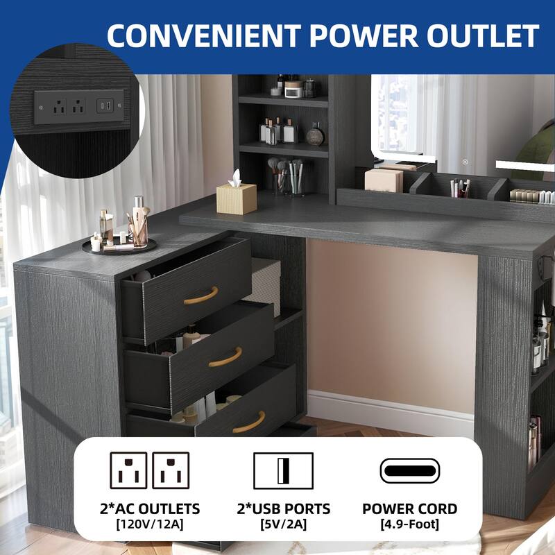 Moasis L-Shape Makeup Vanity Desk with Mirror and Lights & Charging Station