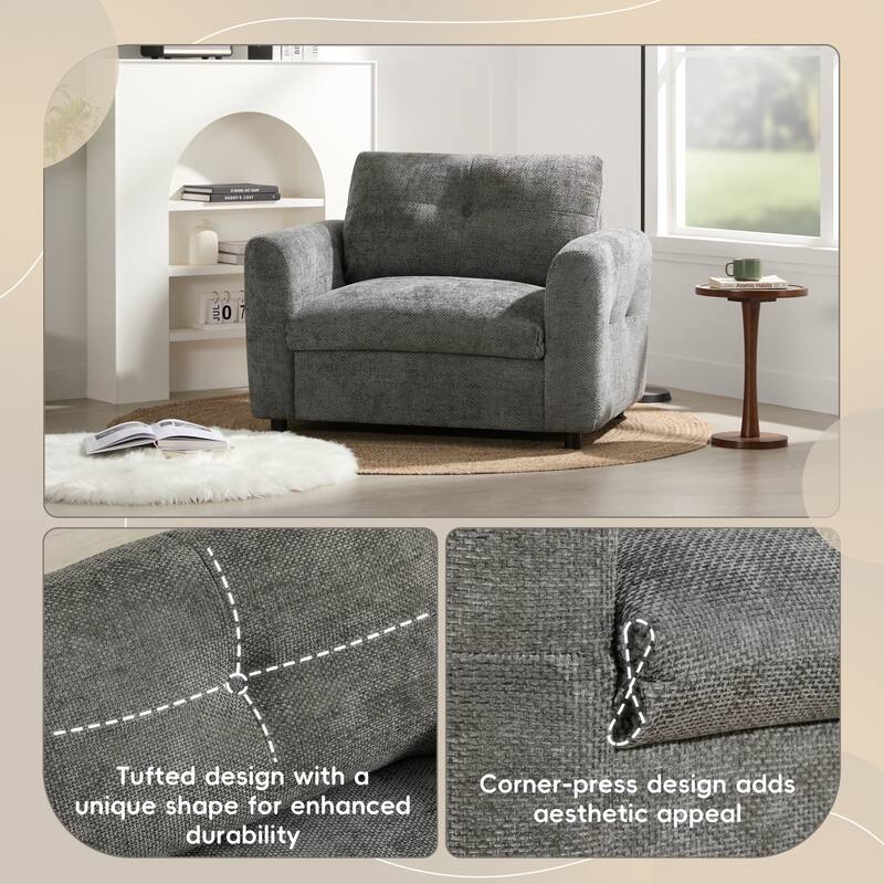 Chenille Single Sofa Armchair with Wide Seat, Dual-port Charger, Pull-line & Tufted Design
