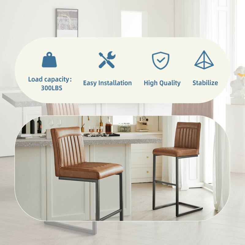 Set of 2 Bar Stool - 26-Inch Counter Height, Vertical Tufted Backrest, Sturdy Black Metal Frame with Footrest