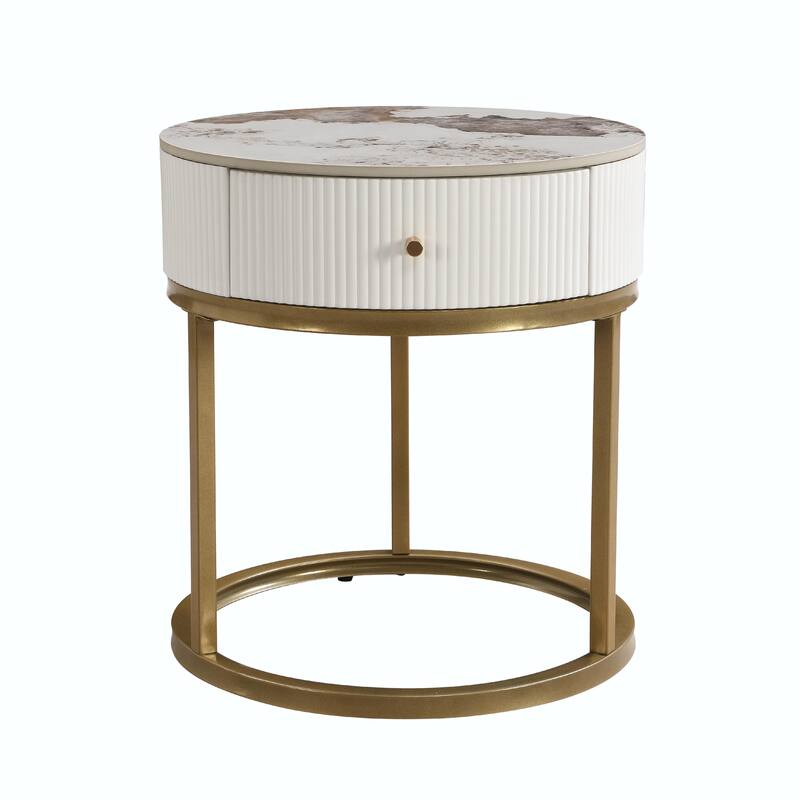 19.68 Inch Modern Round Marble Side Table with Drawer and Storage