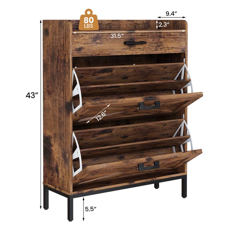 Mieres Rustic Brown Wooden 12 Pair Shoe Storage Cabinet with Flip Drawer, Entryway Organizer - 2-Tier