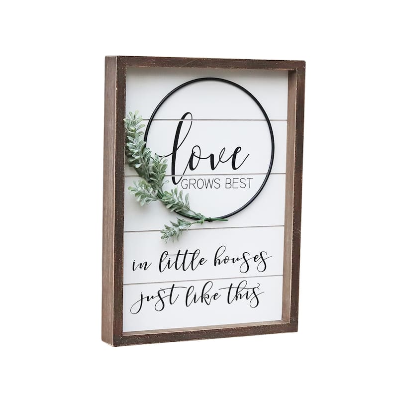 Rustic Farmhouse Accent Love Sign Plaque with PVC Green Leaf, 13.4"H