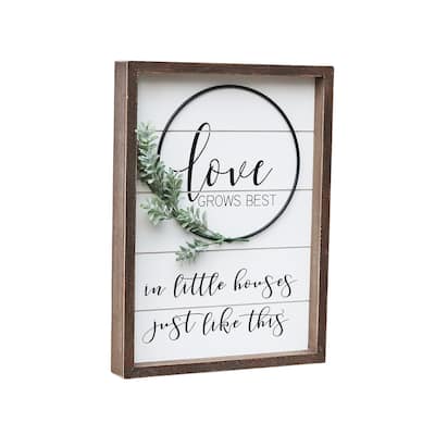 Rustic Farmhouse Accent Love Sign Plaque with PVC Green Leaf, 13.4"H