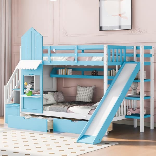 slide 2 of 9, Traditional Castle Style Twin Over Twin Bunk Bed with Slide,2 Drawers Under-Bed and Storage Staircase Blue