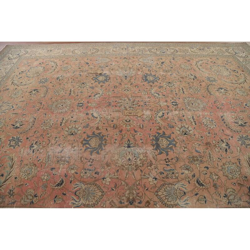 Hand Knotted Oriental 100% Wool Carpet Traditional All-Over Coral Tabriz Area Rug - 12' 6'' X 9' 2''