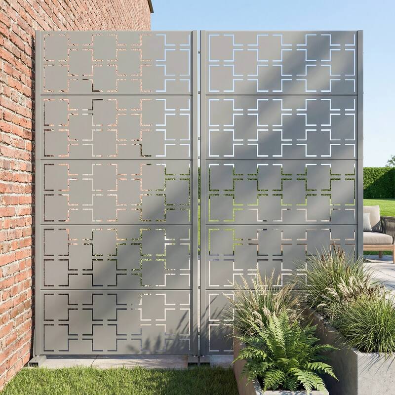 Outdoor Freestanding Metal Privacy Screen Decorative Garden Fence Set of 2 - Grey - 59"x30"