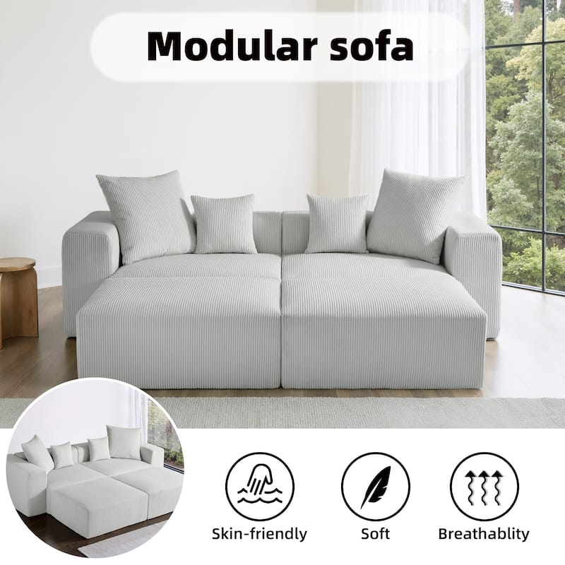 4-Piece Modern Corduroy Modular Sectional Sofa Set with 4 Throw Pillows