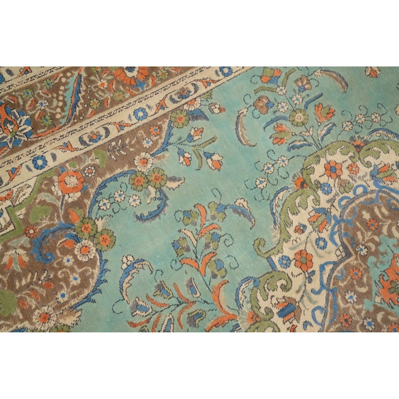 Hand Knotted Oriental 100% Wool Carpet Traditional Floral Navy Blue & Blues Tabriz Area Rug - 10' 1'' X 7' 2''